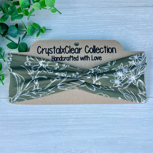 Olive Green Floral Twist Knot Headband