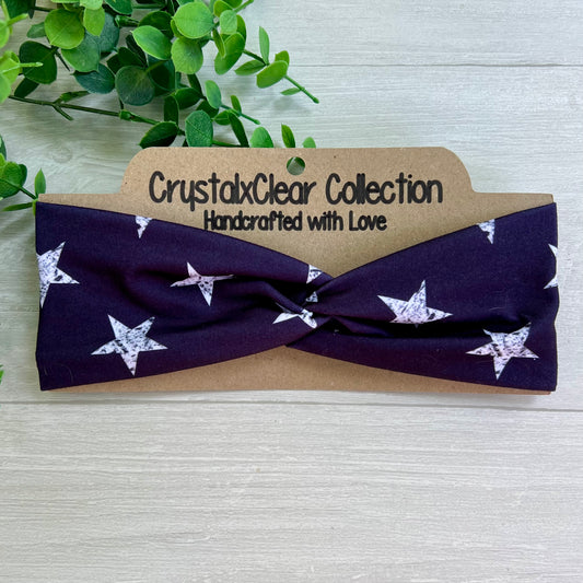 Blue White Stars Soft Stretch Twist Knot Headband | CrystalxClear Collection