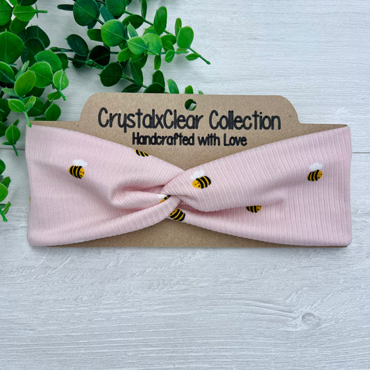 Ribbed Pink Bee Soft Stretch Twist Knot Headband | CrystalxClear Collection