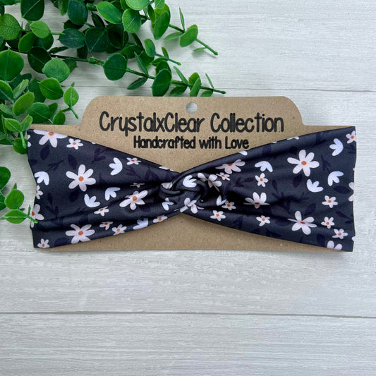 White Floral Soft Stretch Twist Knot Headband | CrystalxClear Collection