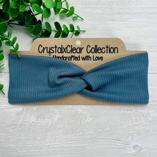 Ribbed Solid Slate Blue Soft Stretch Twist Knot Headband | CrystalxClear Collection