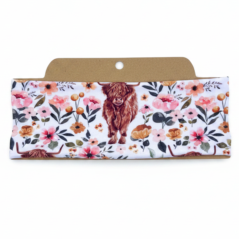 Floral Highland Cows Soft Stretch Twist Knot Headband | CrystalxClear Collection
