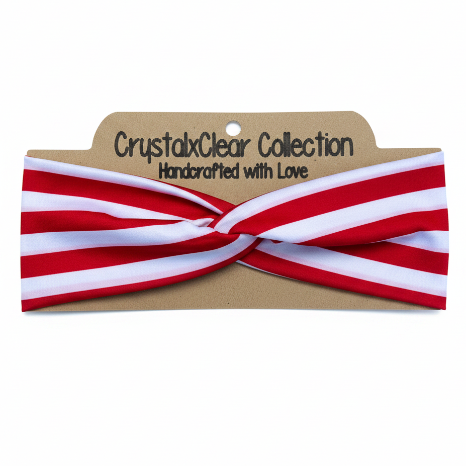 Red White Striped Soft Stretch Twist Knot Headband | CrystalxClear Collection