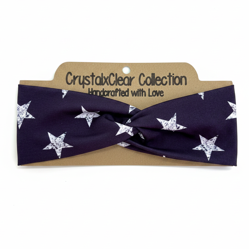 Blue White Stars Soft Stretch Twist Knot Headband | CrystalxClear Collection