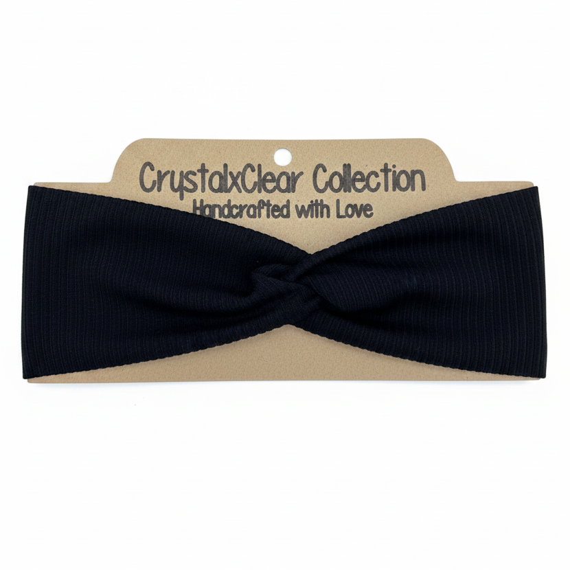 Ribbed Solid Black Soft Stretch Twist Knot Headband | CrystalxClear Collection