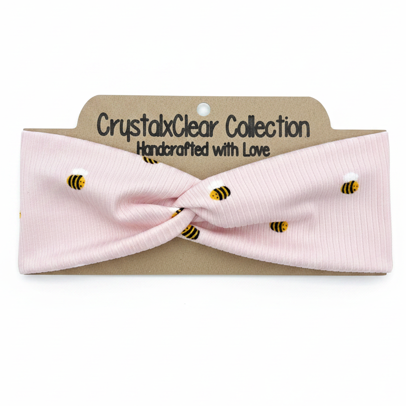 Ribbed Pink Bee Soft Stretch Twist Knot Headband | CrystalxClear Collection