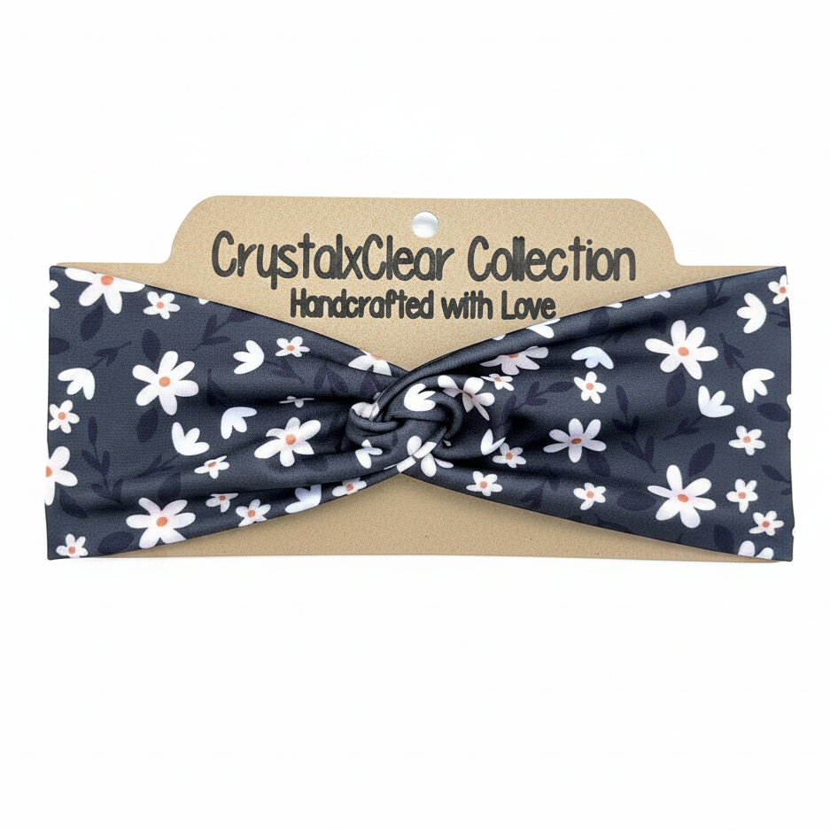 White Floral Soft Stretch Twist Knot Headband | CrystalxClear Collection