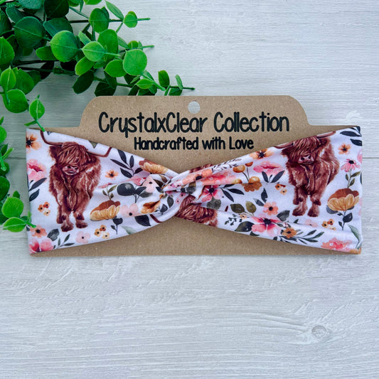 Floral Highland Cows Twist Knot Headband