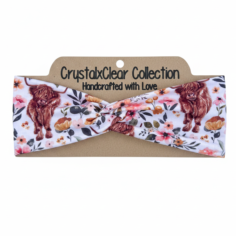 Floral Highland Cows Soft Stretch Twist Knot Headband | CrystalxClear Collection