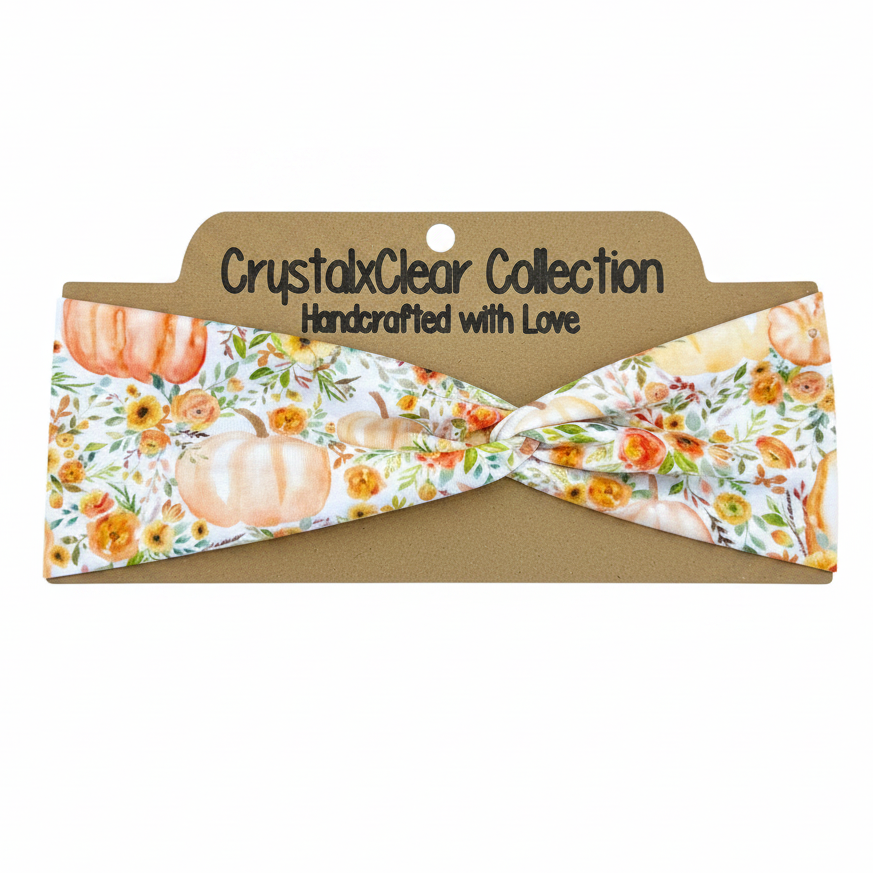 Pumpkin Fall Floral Soft Stretch Twist Knot Headband | CrystalxClear Collection