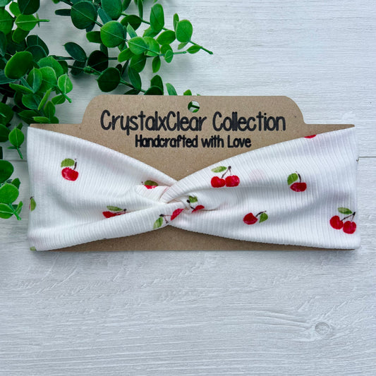 Ribbed White Cherry Soft Stretch Twist Knot Headband | CrystalxClear Collection