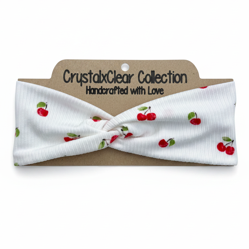 Ribbed White Cherry Soft Stretch Twist Knot Headband | CrystalxClear Collection