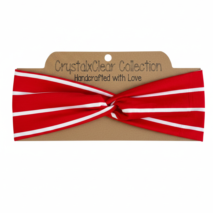 Red & White Striped Soft Stretch Twist Knot Headband | CrystalxClear Collection