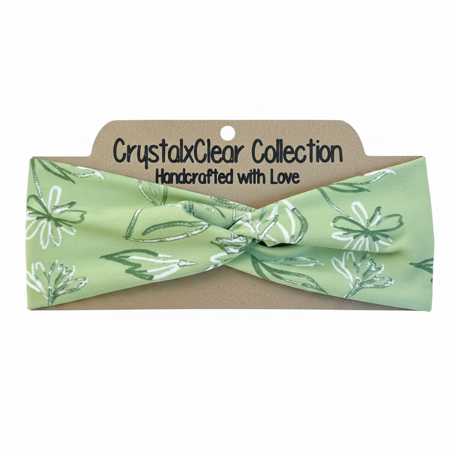 Light Green Floral Soft Stretch Twist Knot Headband | CrystalxClear Collection