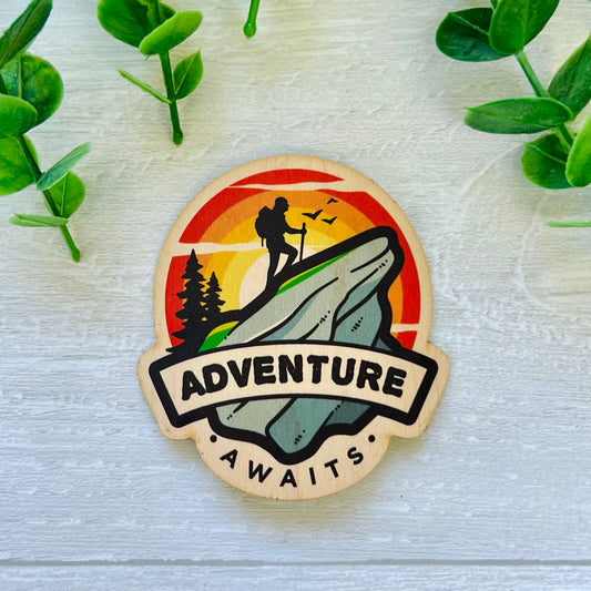 Wood Sticker - Adventure Awaits Hiker Rock Climber