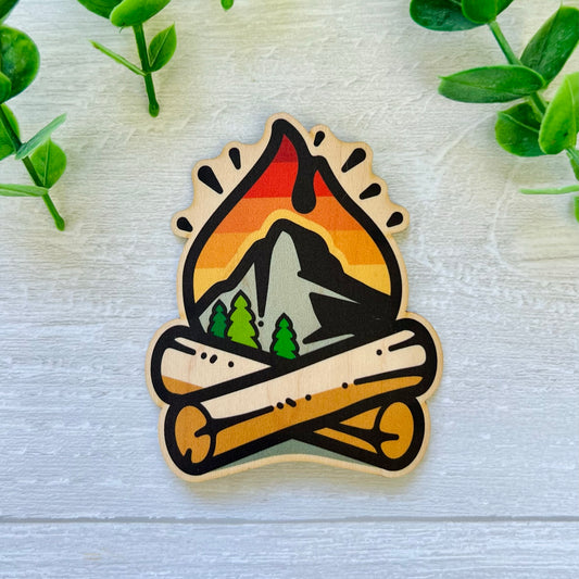 Wood Sticker - Campfire Mountain Sunset